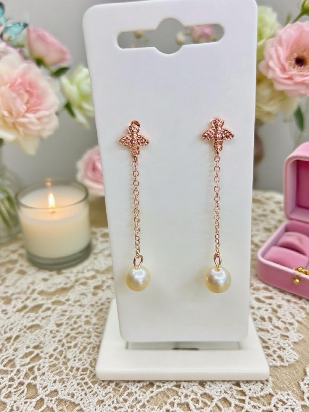 NWT Rose Gold Bee Accent Drop Pearl Earrings